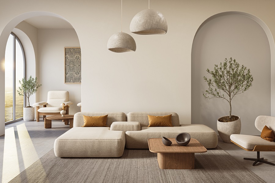 Ein hell eingerichtetes Wohnzimmer im Japandi Einrichtungsstil.