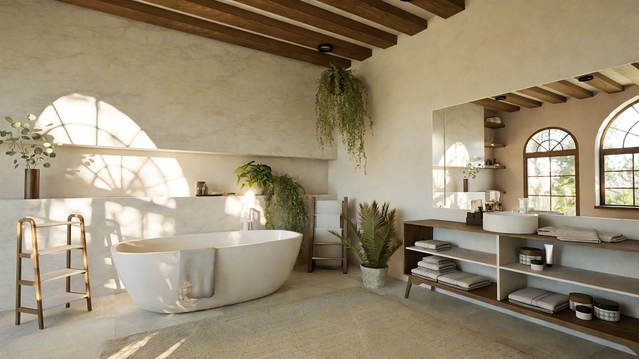 Helles Badezimmer im mediterranen Einrichtungsstil mit natürlichem Licht, freistehender Badewanne, Holzbalken und warmen neutralen Tönen.